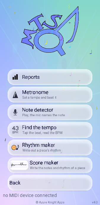The Tools page: Metronome, Find the tempo, Rhythm maker and Score maker.