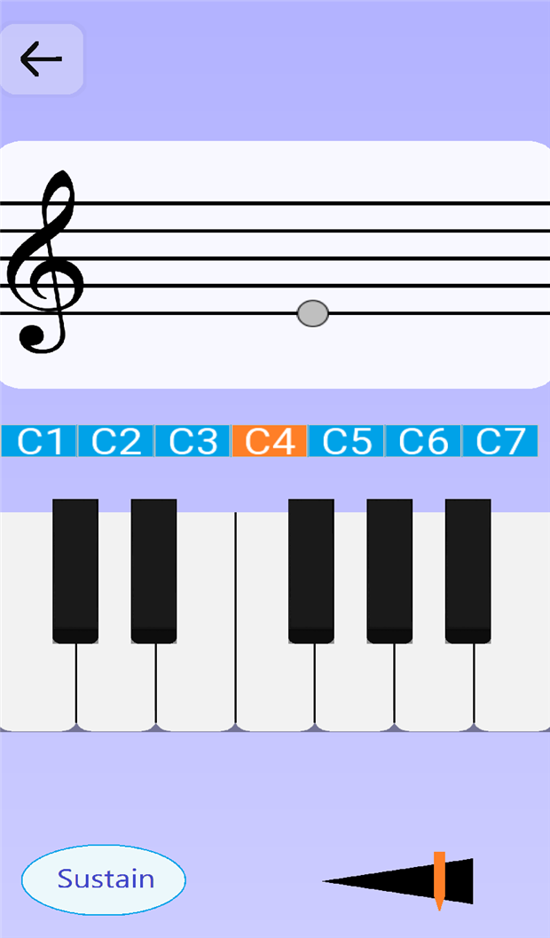 Jeu libre : clavier de piano et portée affichant la note jouée