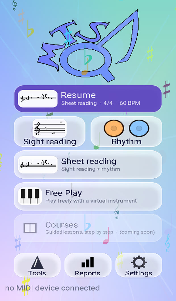 Écran d'accueil de MT Sound Quest : lecture à vue, rythme, lecture de partitions et jeu libre